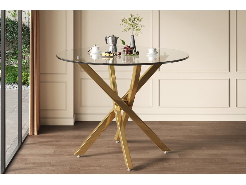  Table à manger ronde 80 x 80 x 75 cm en verre trempé, pieds dorés en métal  - Conforama E