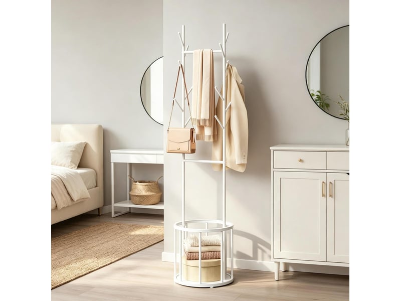  Porte-manteau sur pied en métal blanc 41x175x41 cm avec panier de rangement  - Conforama B