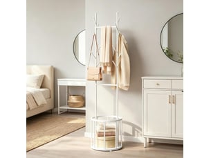 Porte-manteau sur pied en métal blanc 41x175x41 cm avec panier de rangement