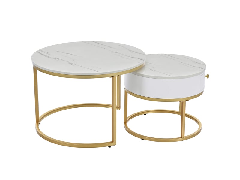  Tables basses gigognes rondes en mdf pour salon 70×70×48 et 50×50×43,5 cm blanc brillant  - Conforama E