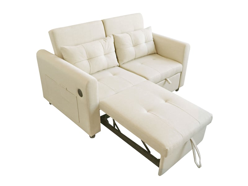  Canapé convertible 2 places 3-en-1, dossier réglable, usb, poches et coussins en aspect lin beige, 142 × 85 × 83 cm  - Conforama A