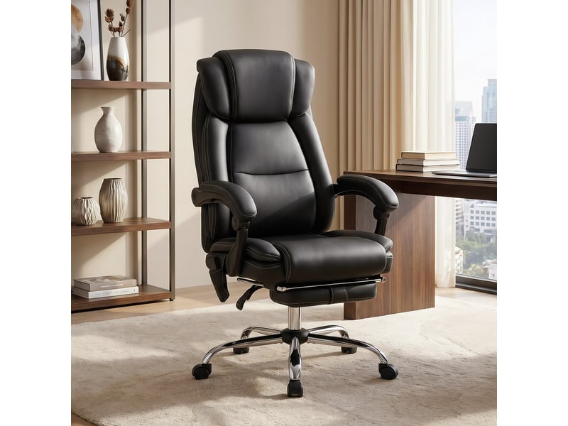  Fauteuil de bureau inclinable en similicuir noir, massant et chauffant, avec télécommande et repose-pieds.  - Conforama D