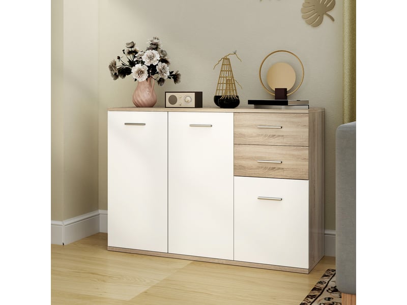  Buffet de salon, meuble de rangement avec 2 tiroirs, 3 portes et une étagère réglable, 106 x 35 x 76 cm, bois blanc et naturel  - Conforama C