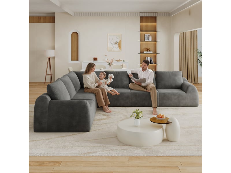  Canapé compressé 6 places, 334 x 267 x 85 cm, mousse haute élasticité, tissu chenille, sans montage, gris foncé  - Conforama D
