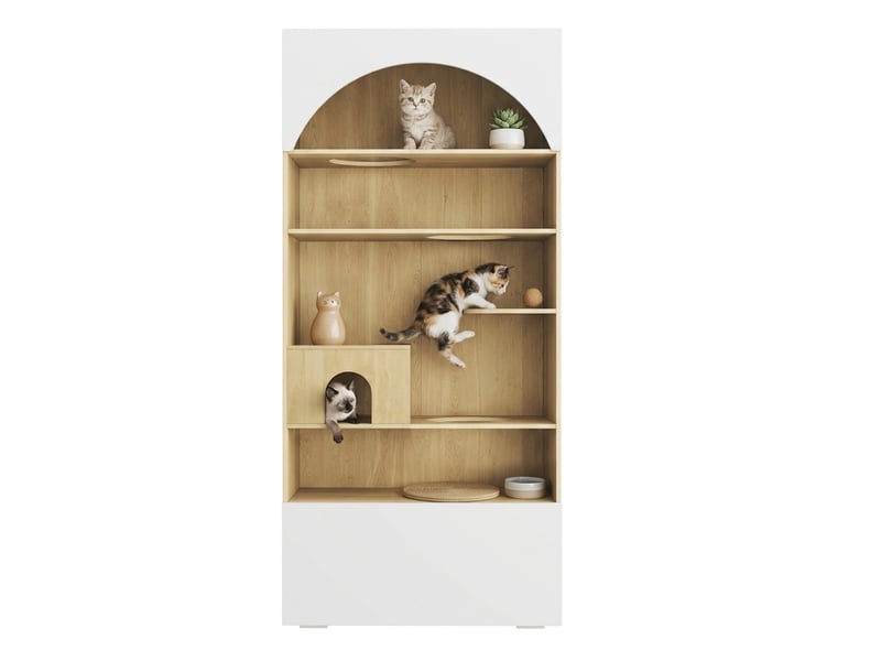  Meuble pour félins multifonction blanc et bois clair, escalade, repos et rangement vertical à domicile  - Conforama A
