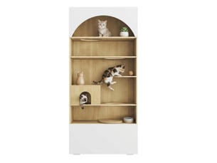 Meuble pour félins multifonction blanc et bois clair, escalade, repos et rangement vertical à domicile