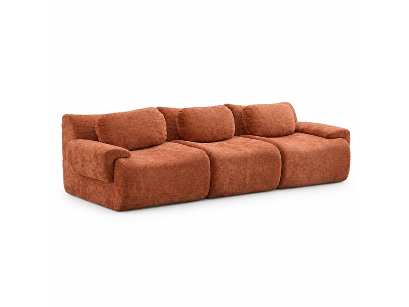 Canapé droit 3 places compressé design ondulé avec assise en mousse et larges accoudoirs en chenille orange  - Conforama A