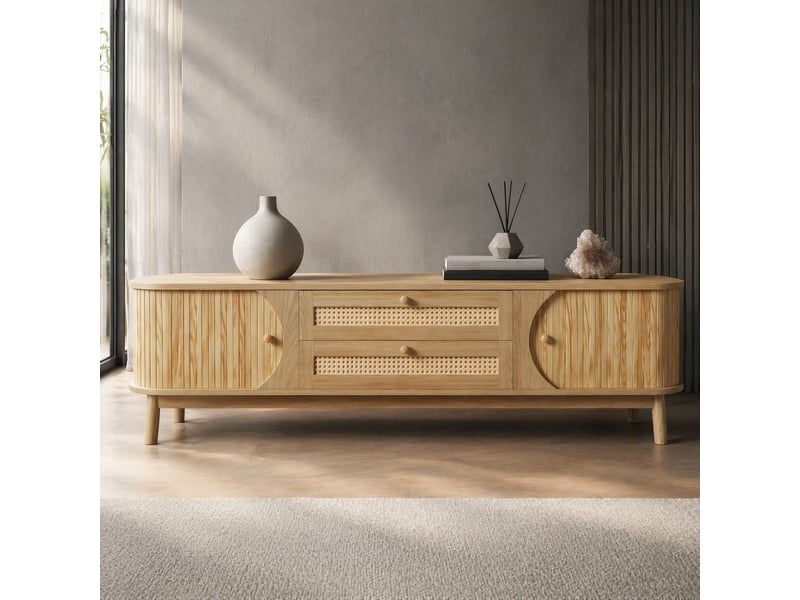  Meuble tv avec portes, tiroirs en rotin et rangement pour salon en bois 170×39,5×46 cm naturel  - Conforama B