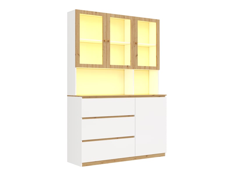  Vitrine de rangement, avec éclairage led, 120 x 200 cm, coloris blanc et chêne, solution de rangement fonctionnelle, pour intérieur  - Conforama C