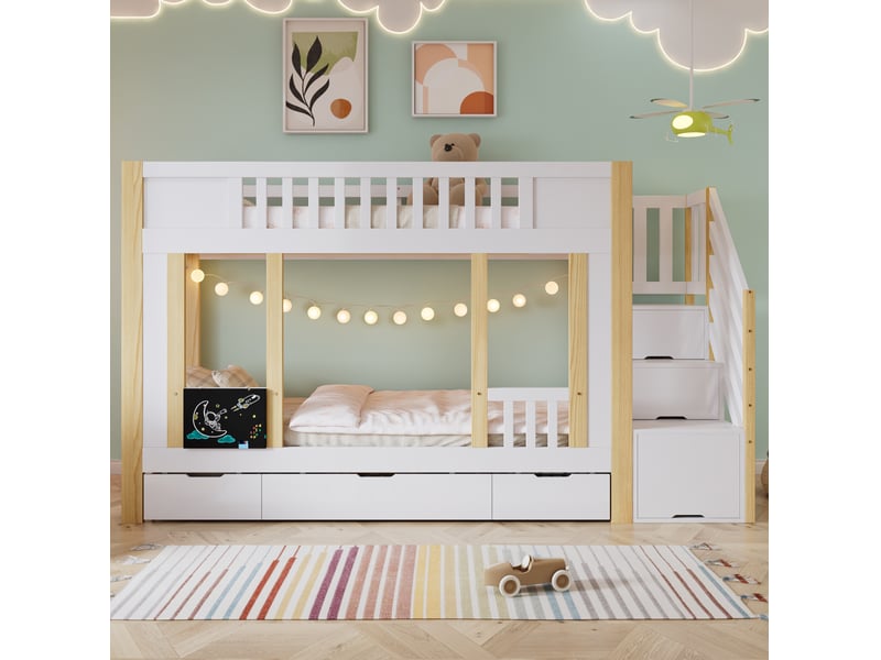  Lit superposé enfant blanc et naturel 90 x 200 cm avec escalier de rangement et 3 tiroirs  - Conforama C