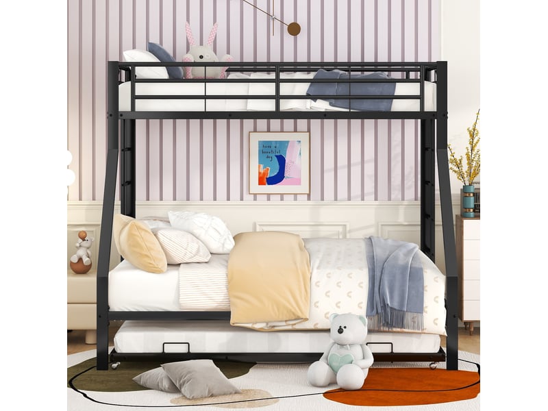 Lit superposé en métal 90x200 cm avec lit gigogne et échelles doubles, noir - Conforama D