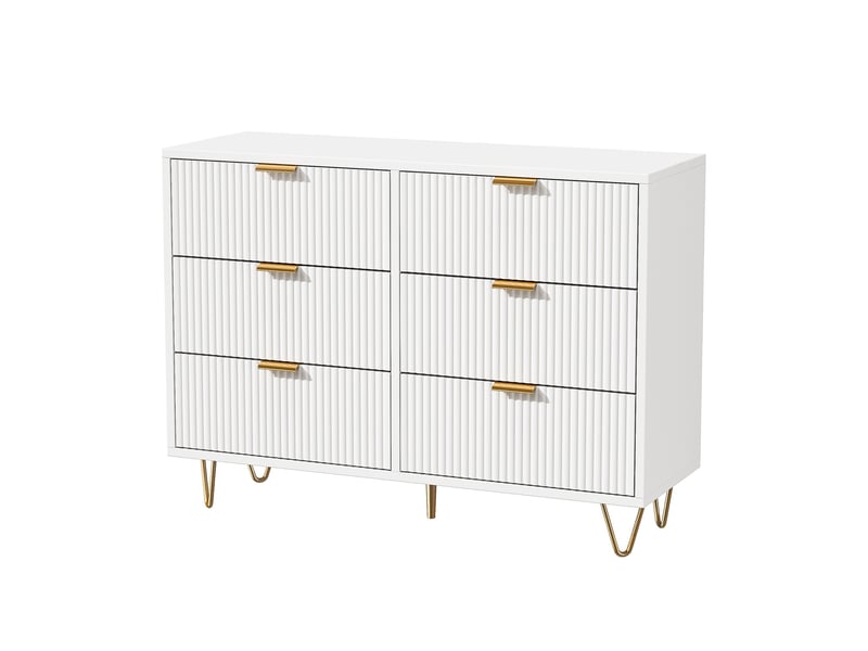  Commode chambre 6 tiroirs, commode blanche, meuble de rangement avec façades texturées et pieds dorés, style moderne, blanc  - Conforama A