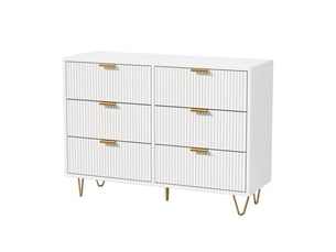 Commode chambre 6 tiroirs, commode blanche, meuble de rangement avec façades texturées et pieds dorés, style moderne, blanc