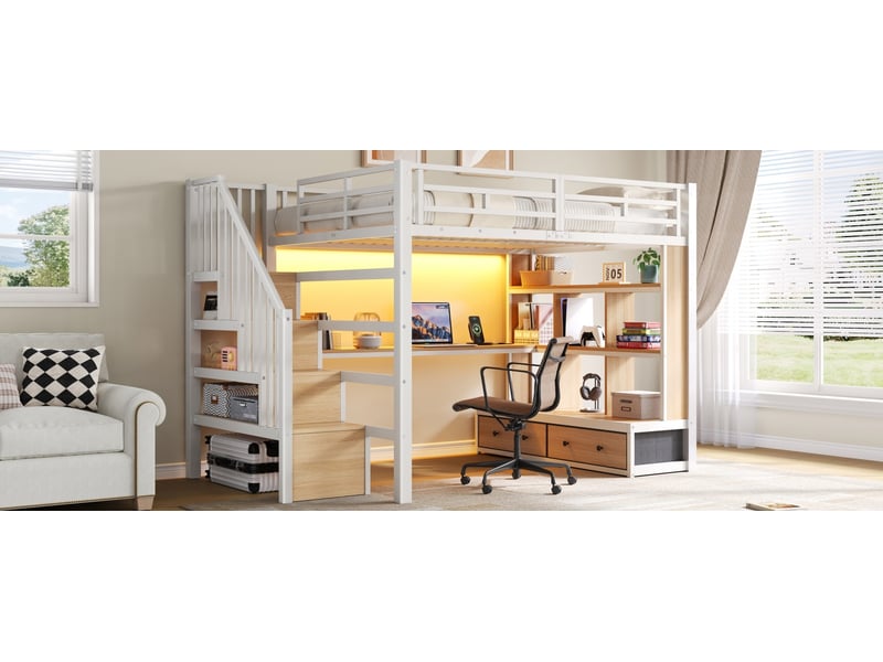  Lit mezzanine en métal 140x200 cm avec bureau et étagères, escalier avec espace de rangement, lit 1 personne a deux tiroirs intégrés  - Conforama W