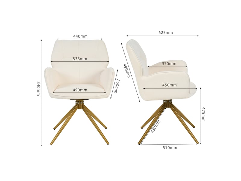  Lot de 2 chaises de salle à manger pivotantes 53,5x45x84 cm, chaise de bureau, avec accoudoirs, cadre métallique, tissu velours, blanc crème  - Conforama C