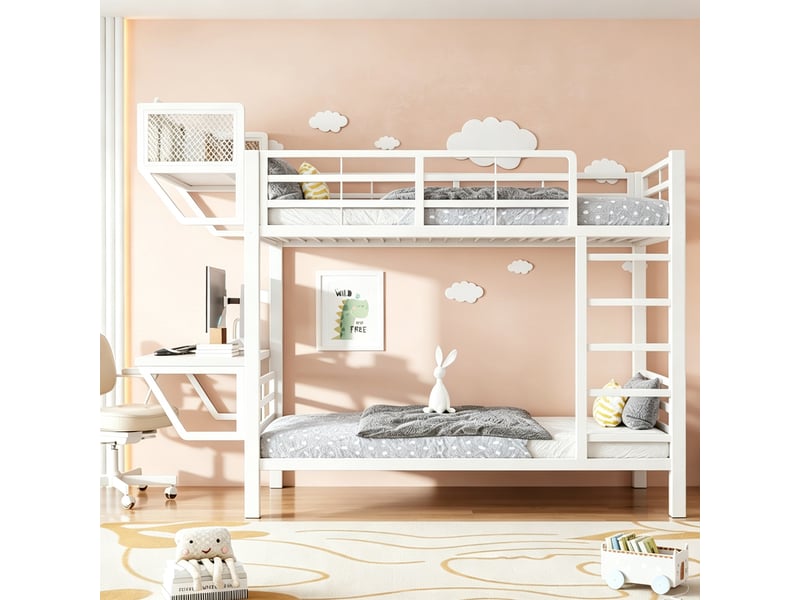 Lit superposé 90 x 200 cm avec bureau, étagères et sommier à lattes, gain de place pour enfant, ado et adulte, métal et bois, blanc OMNIGLINT TRADING LTD - Conforama E