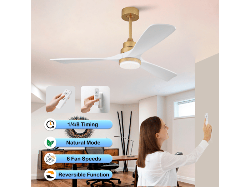 Ventilateur de plafond 132 cm avec lumière, télécommande, moteur dc silencieux, pales en bois massif, blanc et or - Conforama E