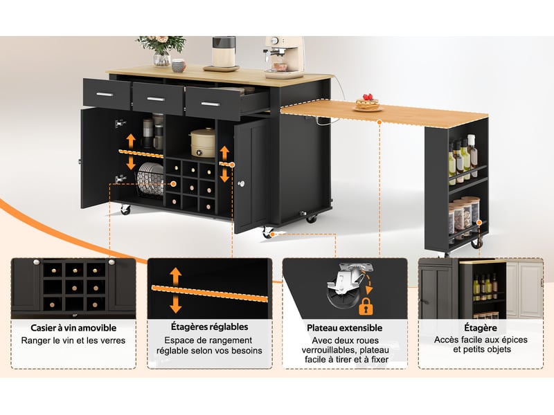 Îlot de cuisine mobile noir et bois naturel en mdf, plateau extensible, 3 tiroirs, prise intégrée, 136 (223) × 50 × 93 cm - Conforama D