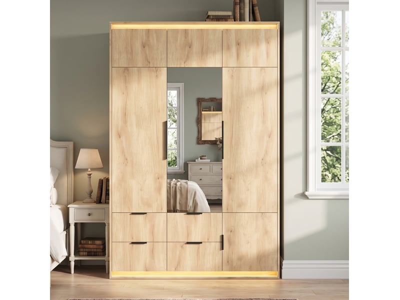  Armoire 3 portes 135x47x200 cm avec miroir, led et 4 tiroirs coloris chêne  - Conforama B