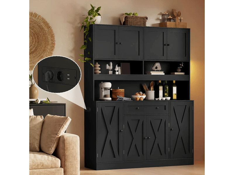  Meuble de cuisine muvano, buffet de cuisine noir avec plan de travail et prise électrique, 140 × 40 × 185 cm  - Conforama B