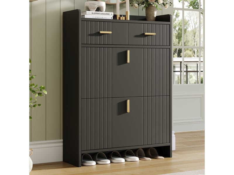  Meuble à chaussures - 75x24x108,5cm - meuble d'entrée étroit avec 2 tiroirs, 2 abattants, niche ouverte - noir et doré  - Conforama B