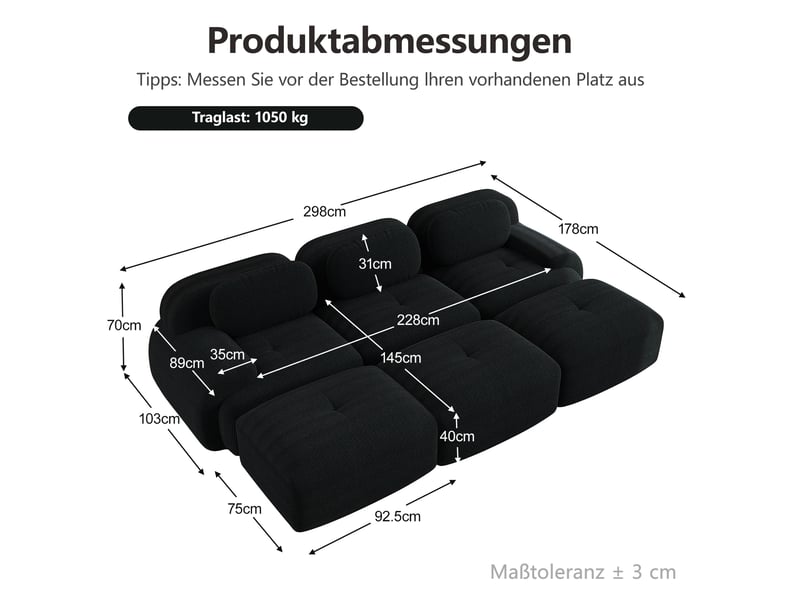  Canapé modulable 3 places avec 3 poufs en velours côtelé noir  - Conforama E