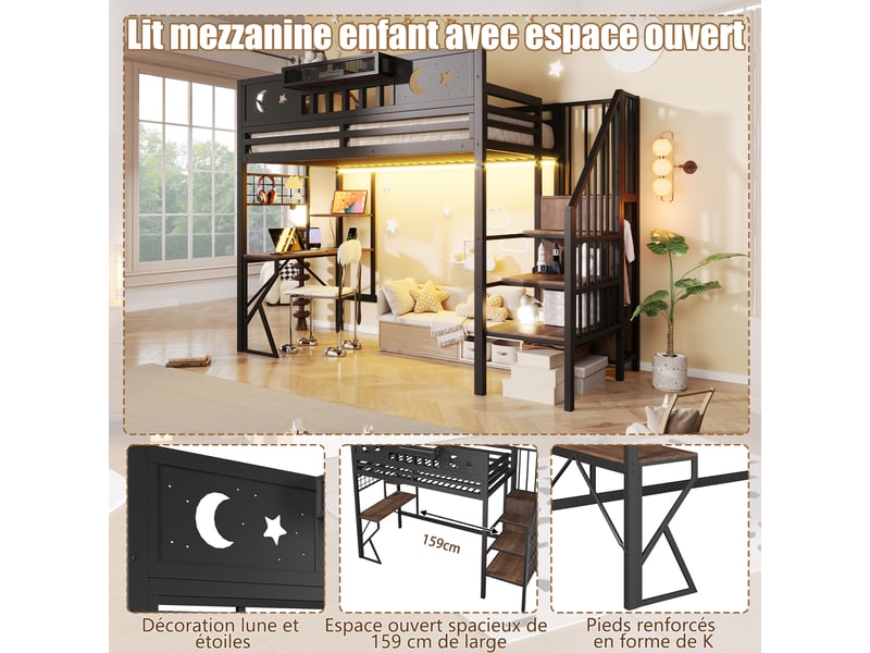 Lit mezzanine 90x200 cm – avec double échelle et espace sous lit modulable – métal – noir evarich - Conforama D