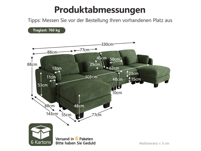 Canapé modulaire en u 4 places 330x143x88 cm, 2 poufs, assise large profonde, design ergonomique chenille vert - Conforama C