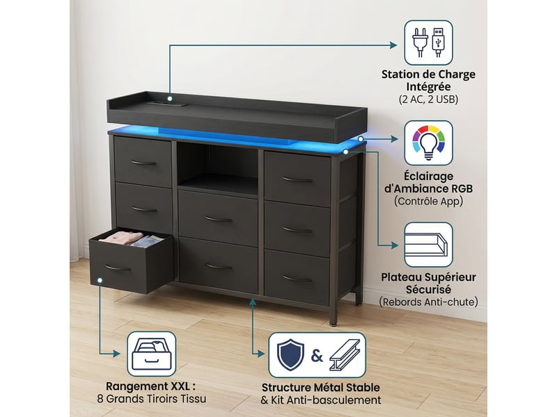  Commode chambre, 8 tiroirs, led rgb et station de charge, meuble de rangement 108x30x82 cm, métal et tissu, style industriel moderne, noir  - Conforama C