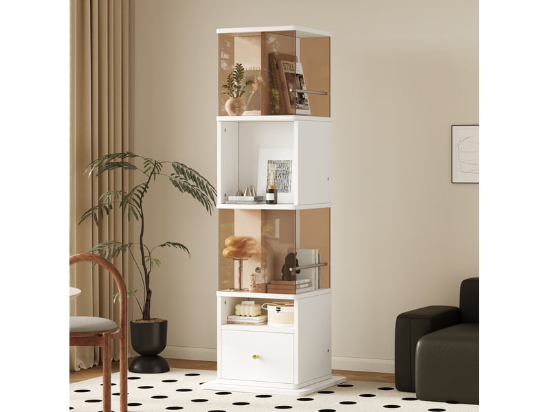Vitrine rotative avec rangement multifonction en mdf et verre trempé blanc et marron 50 × 50 × 160 cm - Conforama B