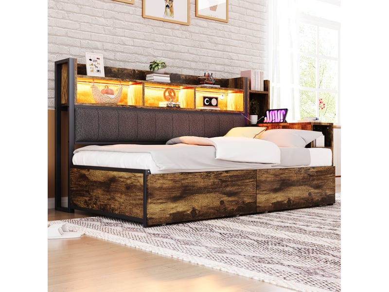  Lit multifonction 90 x 200 cm rangement 2 tiroirs bureau coulissant prises intégrées métal et bois naturel sans matelas  - Conforama D