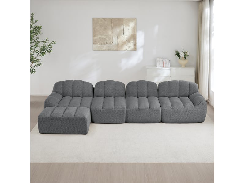 Canapé modulaire 4 places avec 1 ottomane en tissu bouclette granuleux gris - 366 x 165 x 79 cm - Conforama C