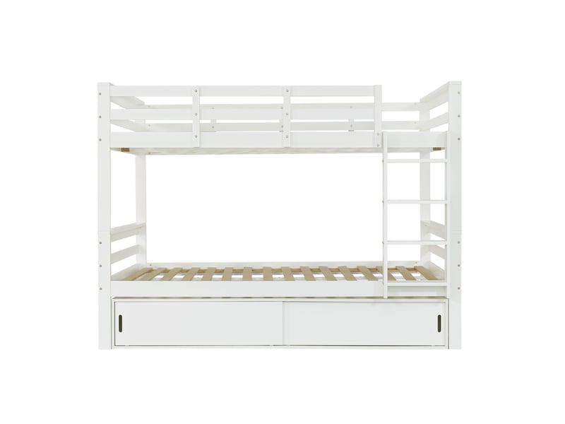  Lit superposé enfant 140x200 cm - 2 lits séparables, portes coulissantes et échelle - pin et mdf - blanc CozyNest - Conforama C