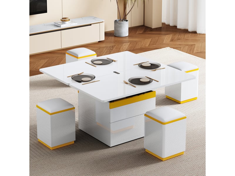 Table basse relevable avec 1 tiroir, niches et 4 tabourets de rangement, pour salon, en mdf, blanc, 100×50×43 cm - uvrion - Conforama C
