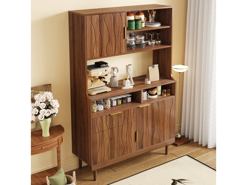  Buffet cuisine 3 portes et 1 tiroir, 100 x 32 x 170 cm, compartiments ouverts, façades en relief et pieds surélevés, mdf, couleur noyer Morn Vibe - Conforama E