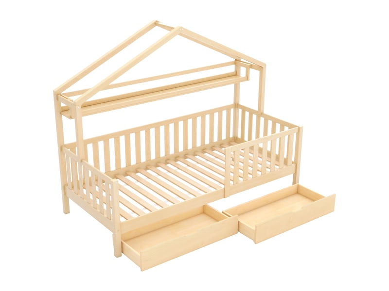 Lit cabane enfant 90x200 avec étagère, lit enfant avec tiroirs pratiques, lit enfant couleur bois naturel en pin massif, 150kg - Conforama R