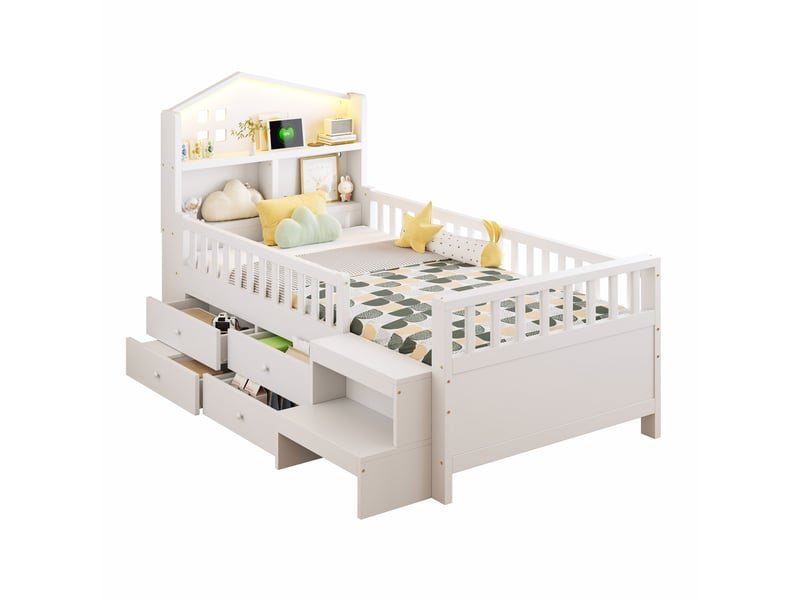  Lit avec rangement 90x200 cm coloris blanc led bois massif lit enfant blanc - Conforama A