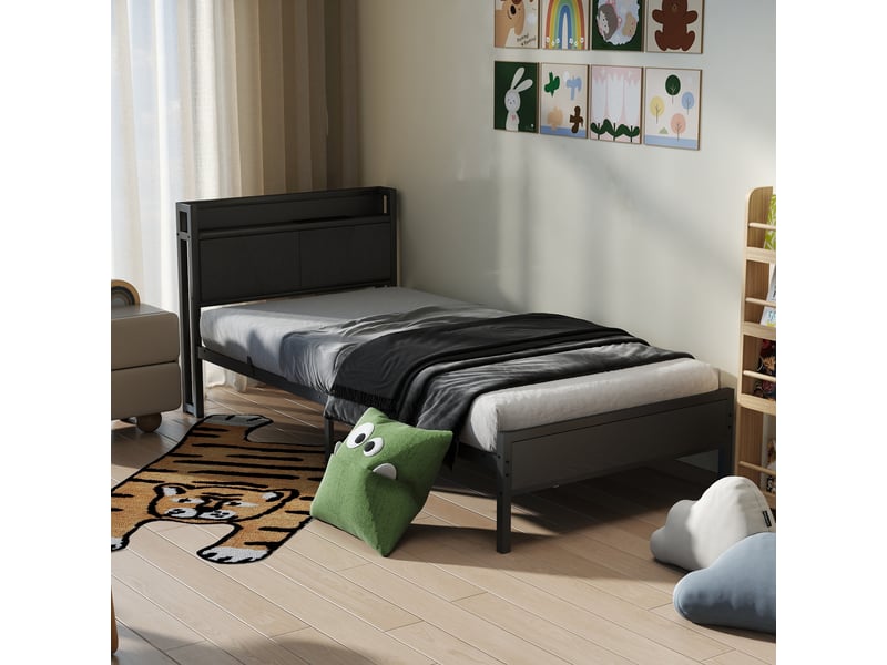  Lit simple 90 × 200 cm avec rangement sous le lit et tête de lit, sans matelas, en métal, noir  - Conforama E
