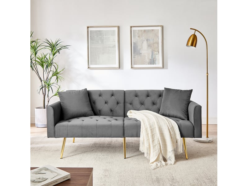 Canapé convertible 2 places 177x78x74 cm gris en velours, dossier réglable 3 positions, pieds métalliques - Conforama B