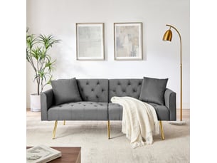 Canapé convertible 2 places 177x78x74 cm gris en velours, dossier réglable 3 positions, pieds métalliques