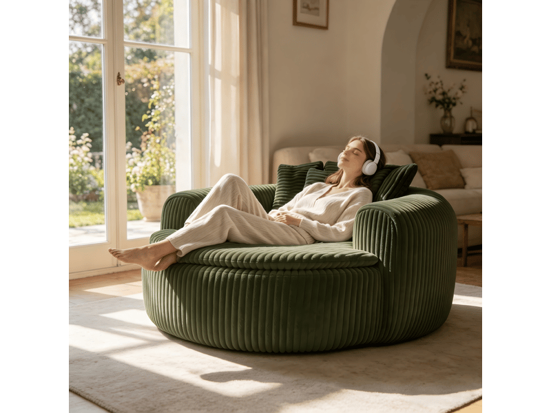  Canapé pouf lounge 1 place, assise profonde rembourrée, accoudoirs enveloppants, 5 coussins, velours côtelé vert, 145 x 133 x 59 cm  - Conforama B