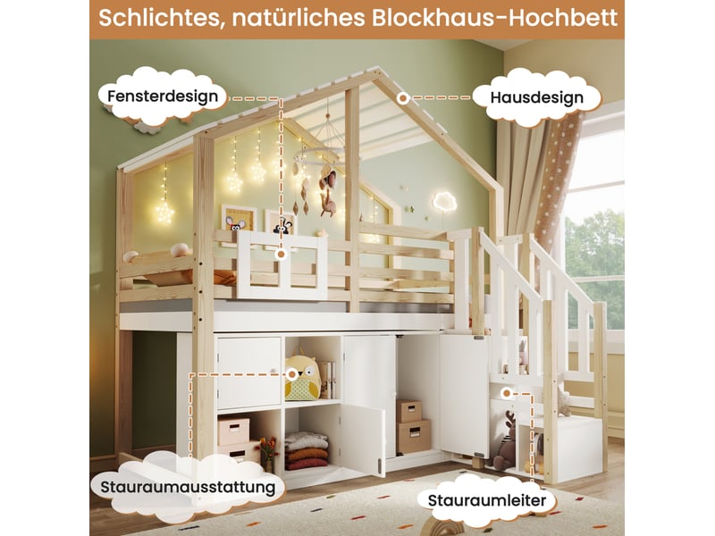 Lit mezzanine enfant 90x200 cm avec 4 portes, cadre en bois, toit en pente et sommier, blanc et naturel, sans matelas - Conforama D