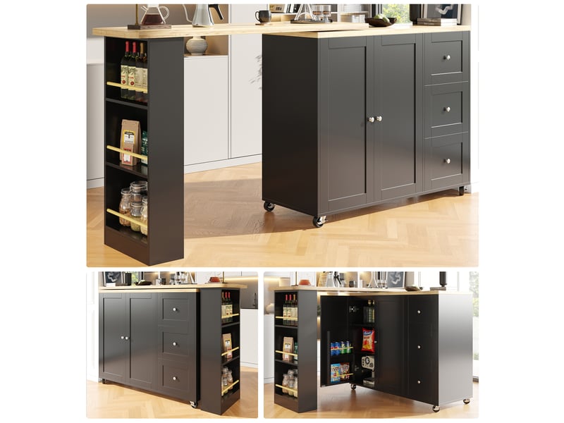  Îlot de cuisine noir table de bar pivotante à 360° (135-203x39x106 cm) avec rangement, roulettes et étagère à snacks  - Conforama C