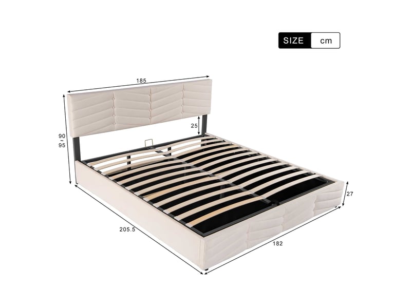  Lit coffre 180x200 cm rembourré, rangement hydraulique, tête de lit réglable en velours avec design rayé et boutons, beige  - Conforama C