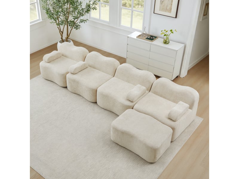  Canapé d'angle modulable 4 places avec ottoman, assise profonde et coussins d’accoudoir mobiles en velours beige  - Conforama D