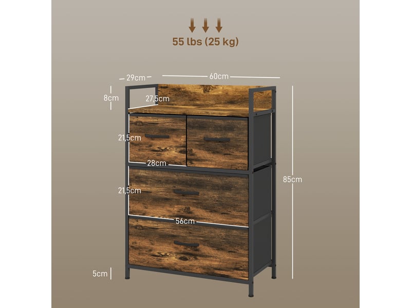 Meuble de rangement de style industriel avec 4 tiroirs en tissu pliables et amovibles et 1 étagère – 60 x 29 x 85 cm - Conforama E