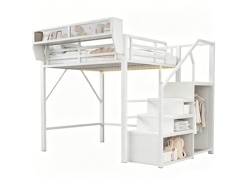  Lit mezzanine 140x200 cm blanc en métal, led, échelle sécurisée et étagère modulable Fay Lum - Conforama A