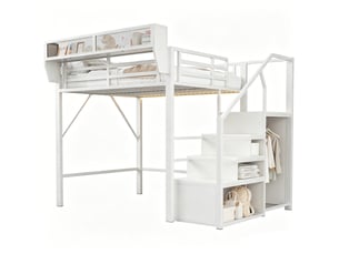 Lit mezzanine 140x200 cm blanc en métal, led, échelle sécurisée et étagère modulable