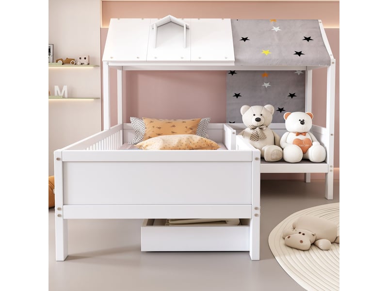  Lit cabane enfant 90x200 cm, lit simple en bois massif avec tente, 2 tiroirs de rangement et escalier de stockage, blanc  - Conforama B