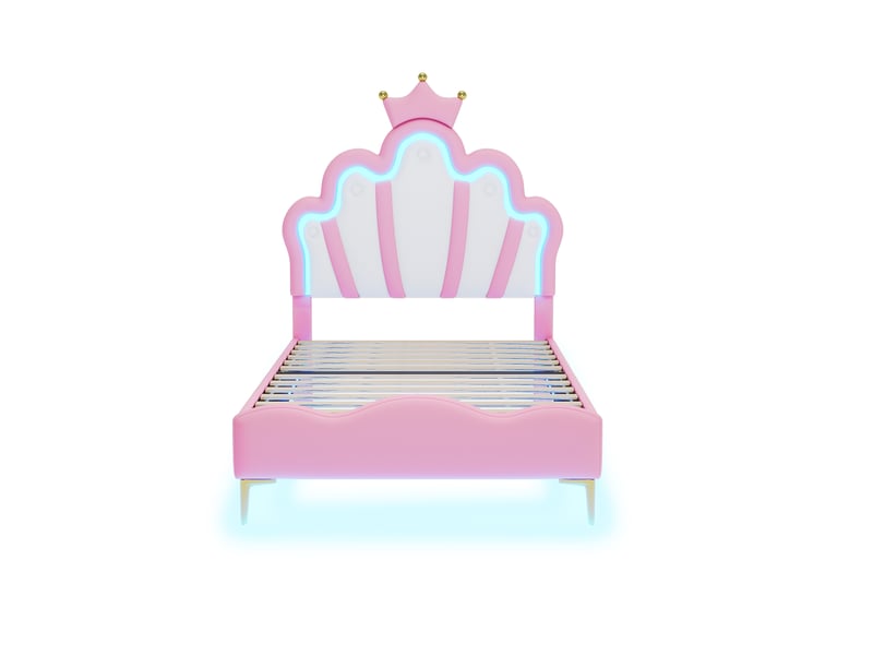 Lit enfant 90x200cm lit princesse en forme de couronne avec led - lit double avec sommier - pu - rose (sans matelas)  - Conforama D